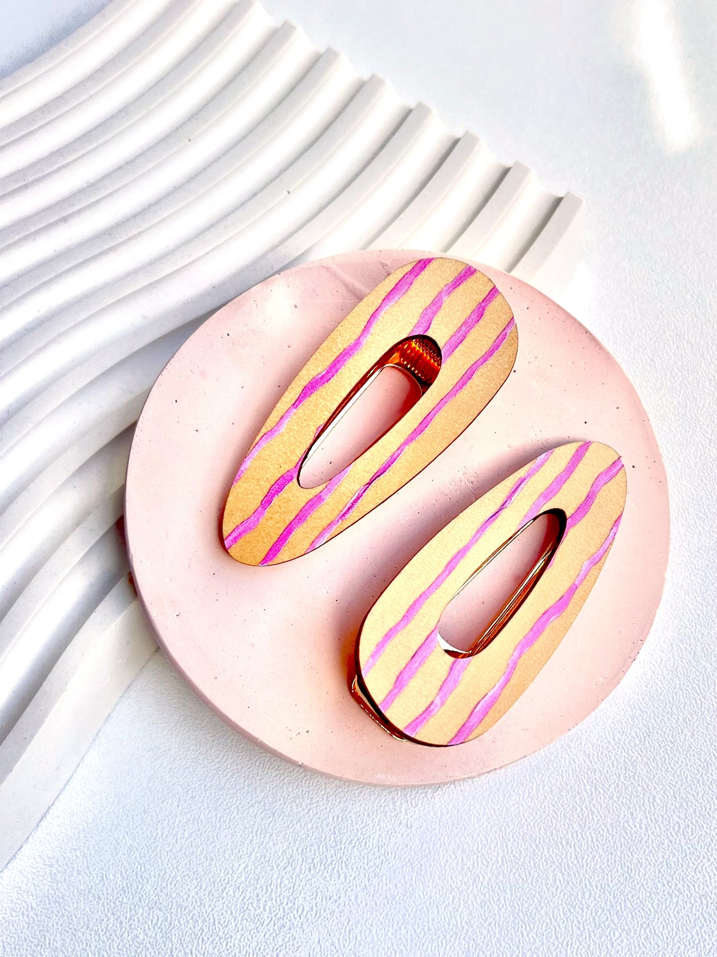 Wooden Hair Clips - Wonky lines in pink