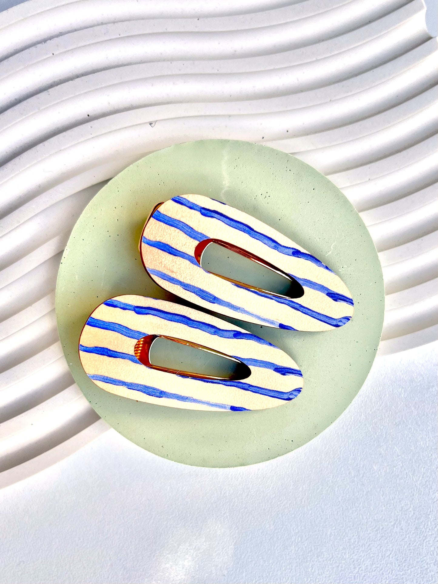 Wooden Hair Clips - Wonky lines in blue