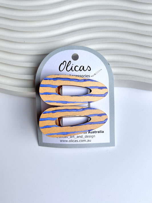 Wooden Hair Clips - Wonky lines in blue