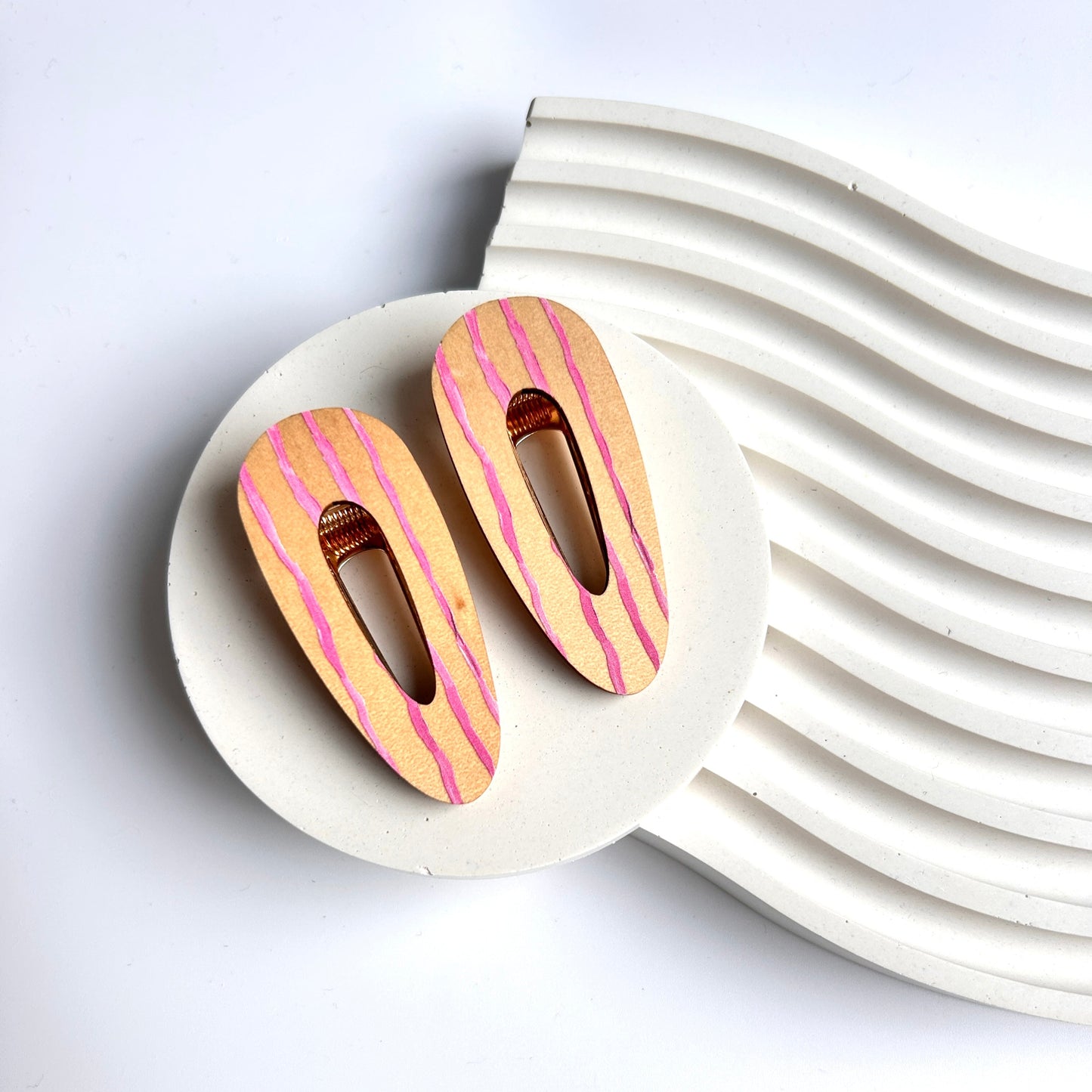 Wooden Hair Clips - Wonky lines in pink