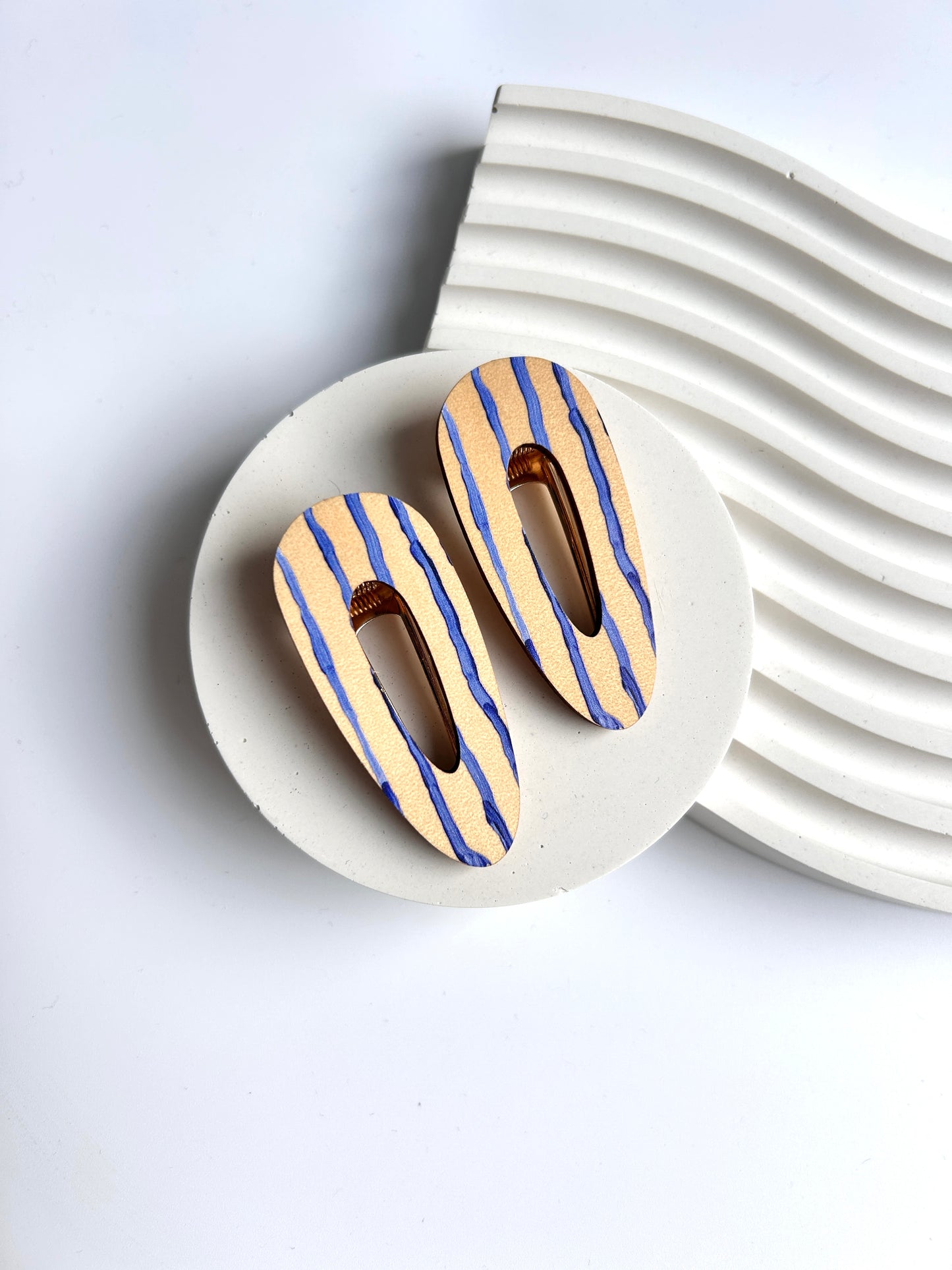 Wooden Hair Clips - Wonky lines in blue
