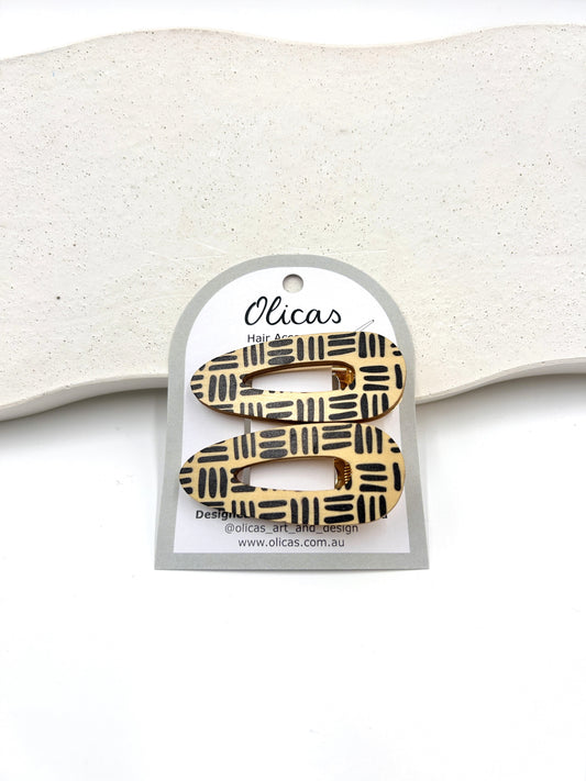 Wooden Hair Clips - in Geometric Black