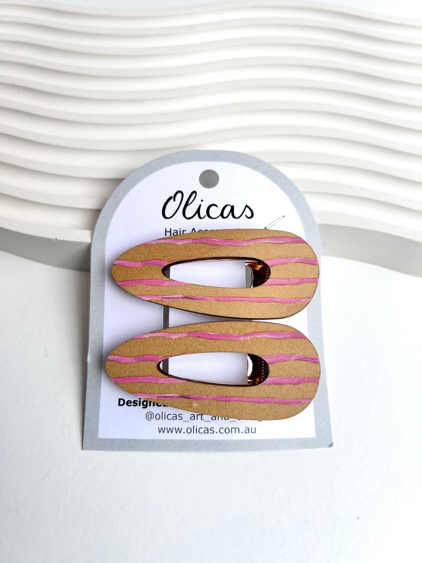 Wooden Hair Clips - Wonky lines in pink