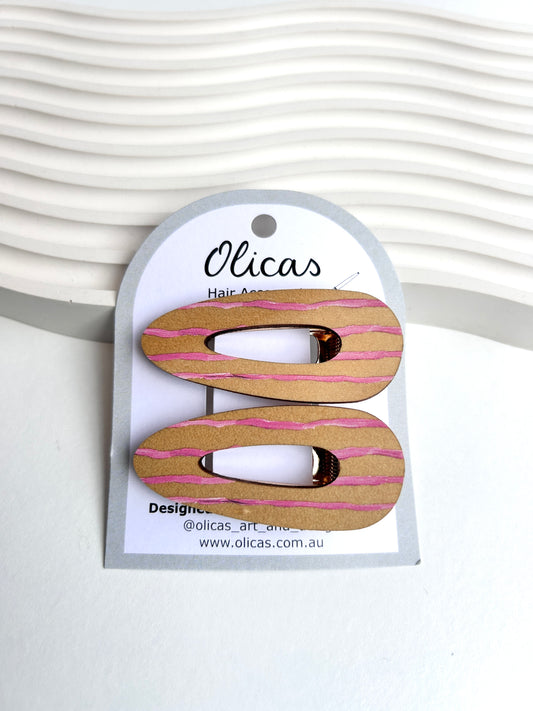 Wooden Hair Clips - Wonky lines in pink