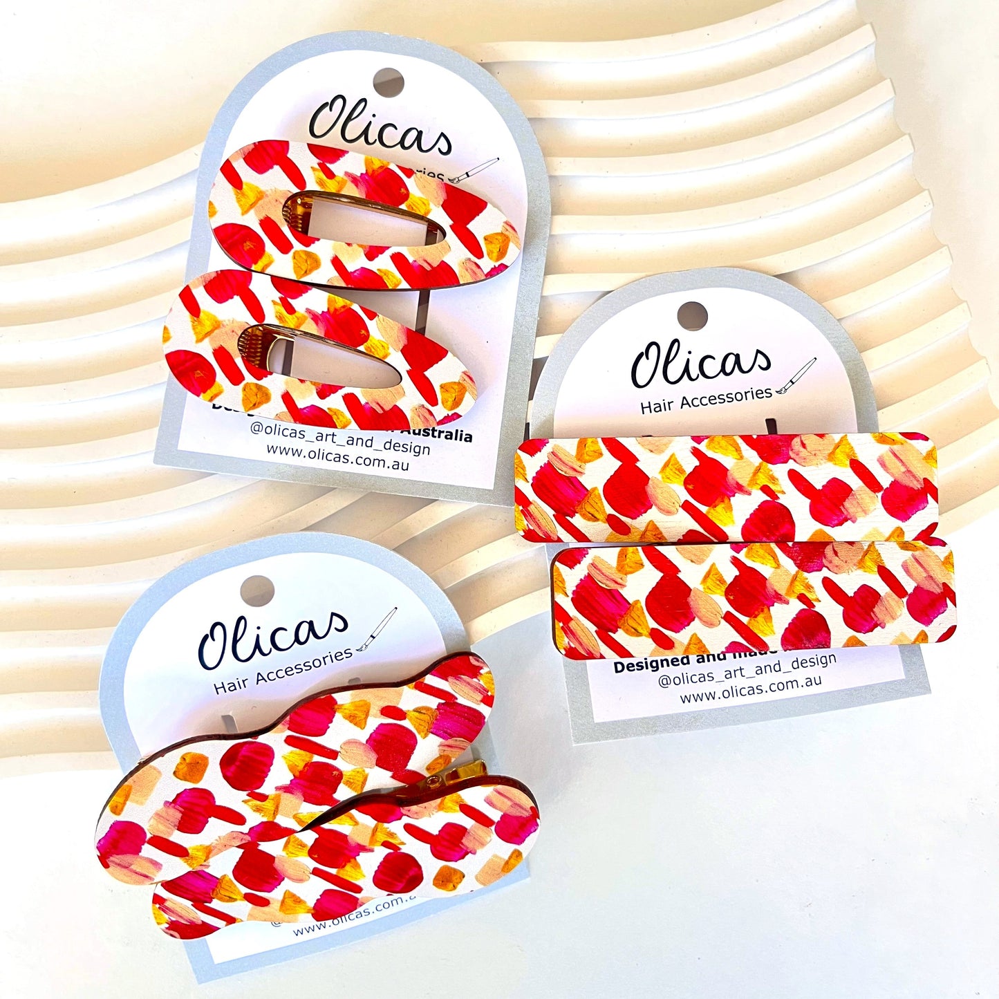 Wooden Hair Clips - Red Brushstrokes