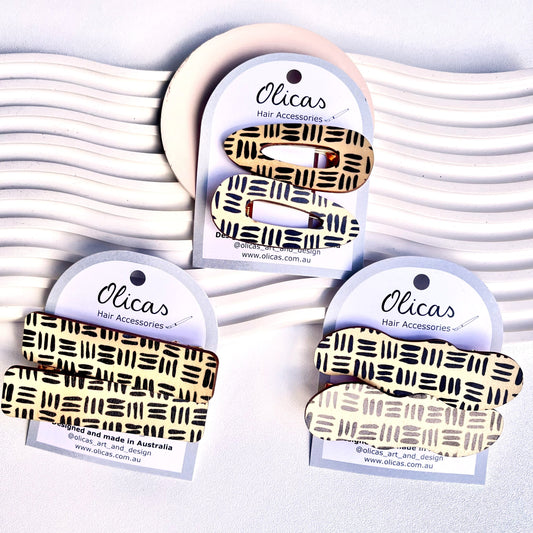 Wooden Hair Clips - in Geometric Black