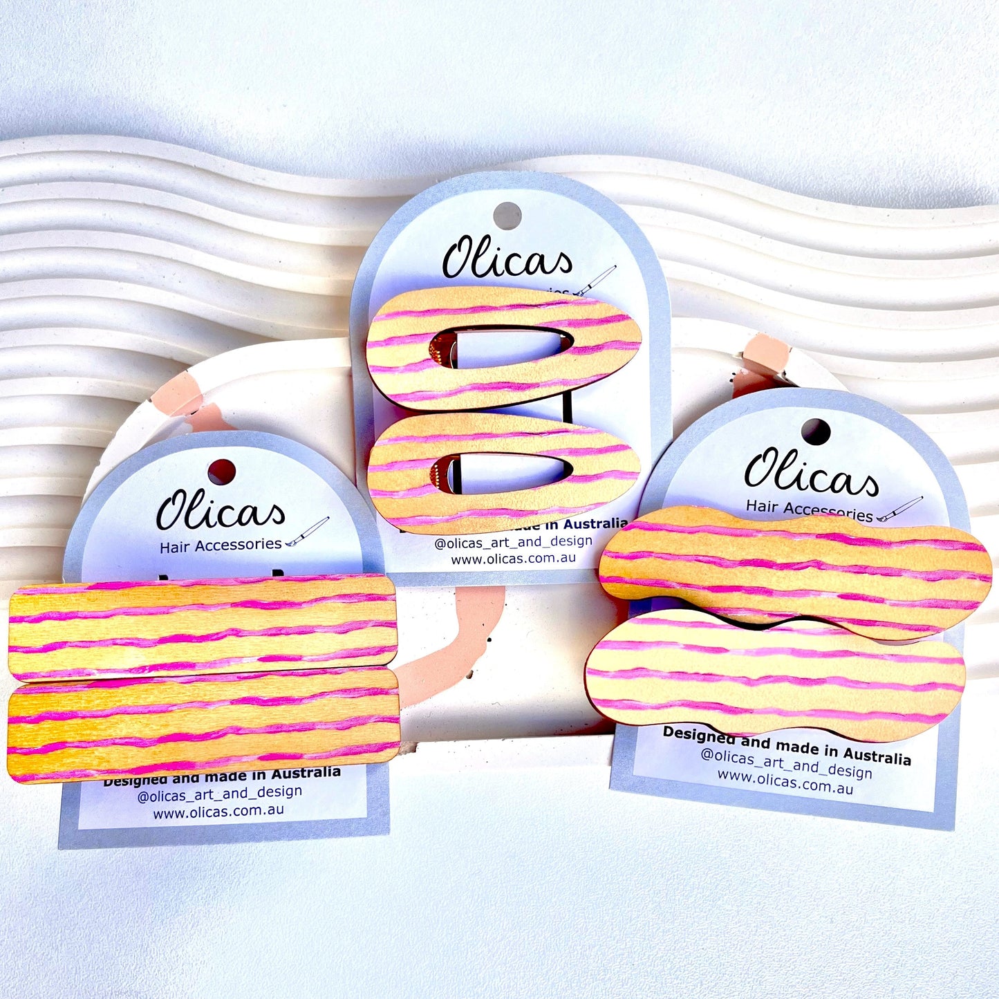 Wooden Hair Clips - Wonky lines in pink