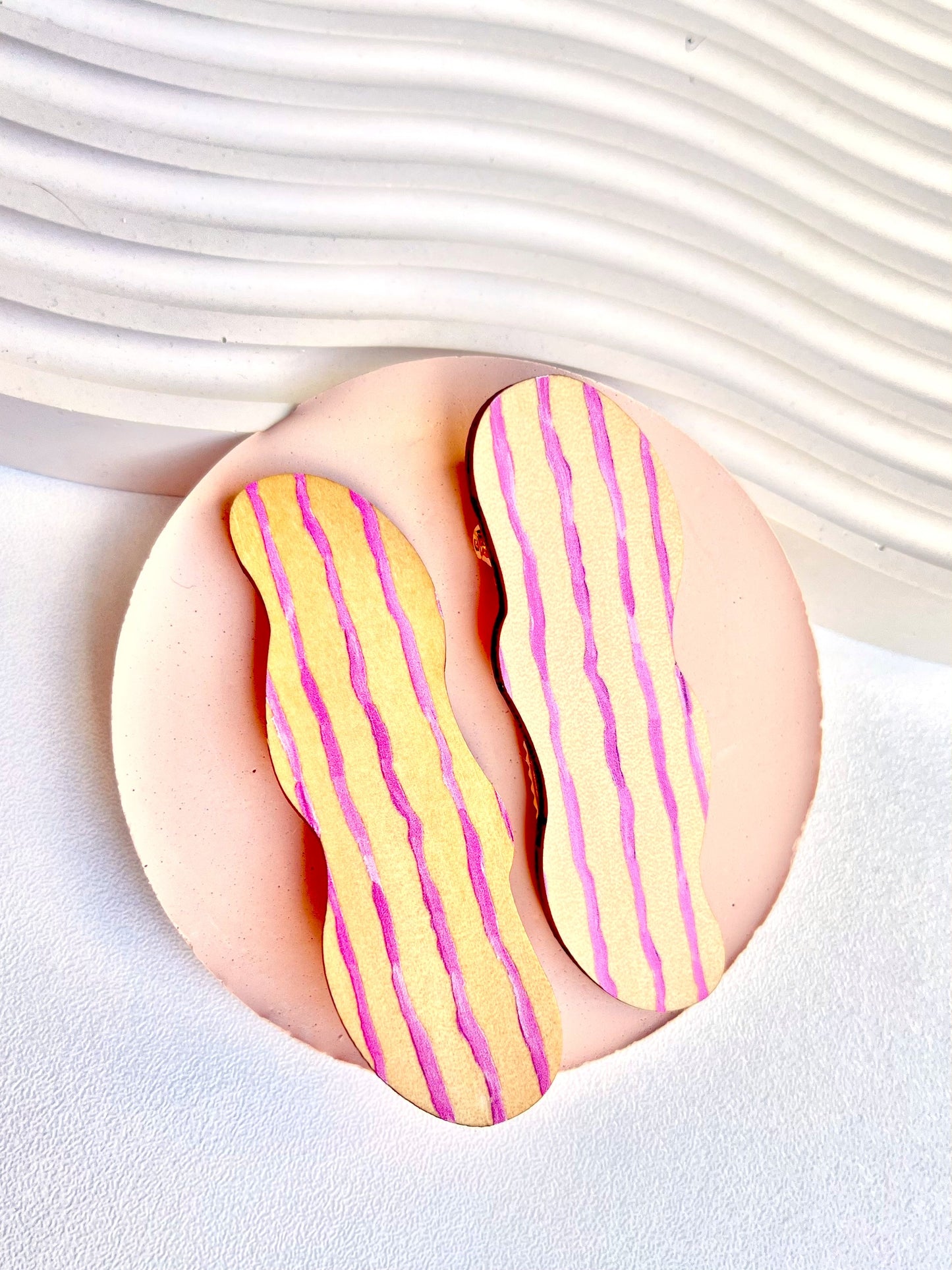 Wooden Hair Clips - Wonky lines in pink