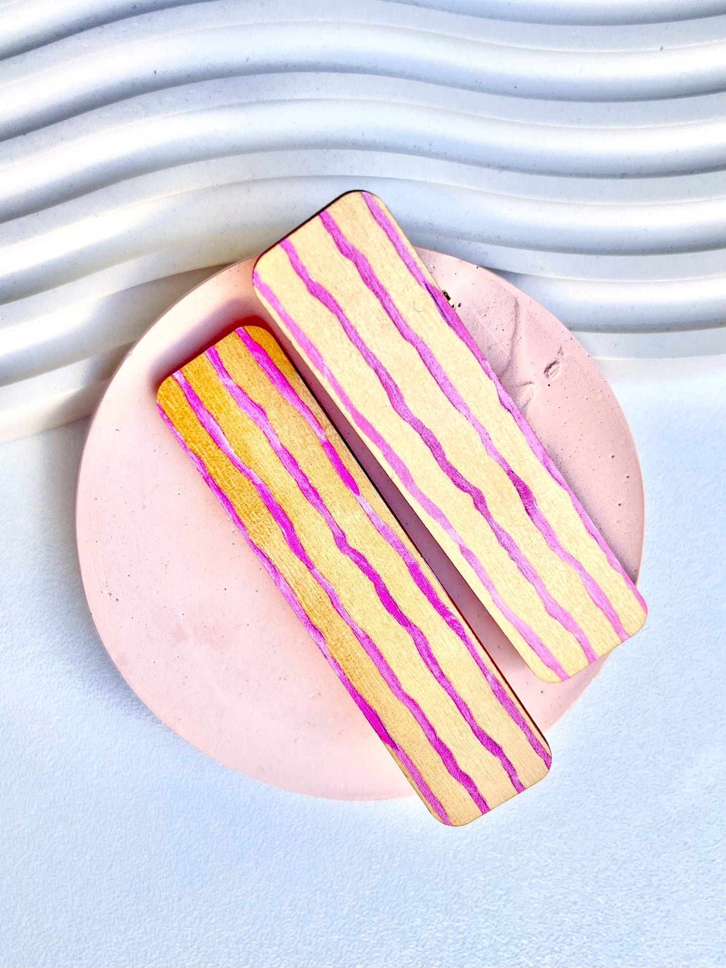 Wooden Hair Clips - Wonky lines in pink
