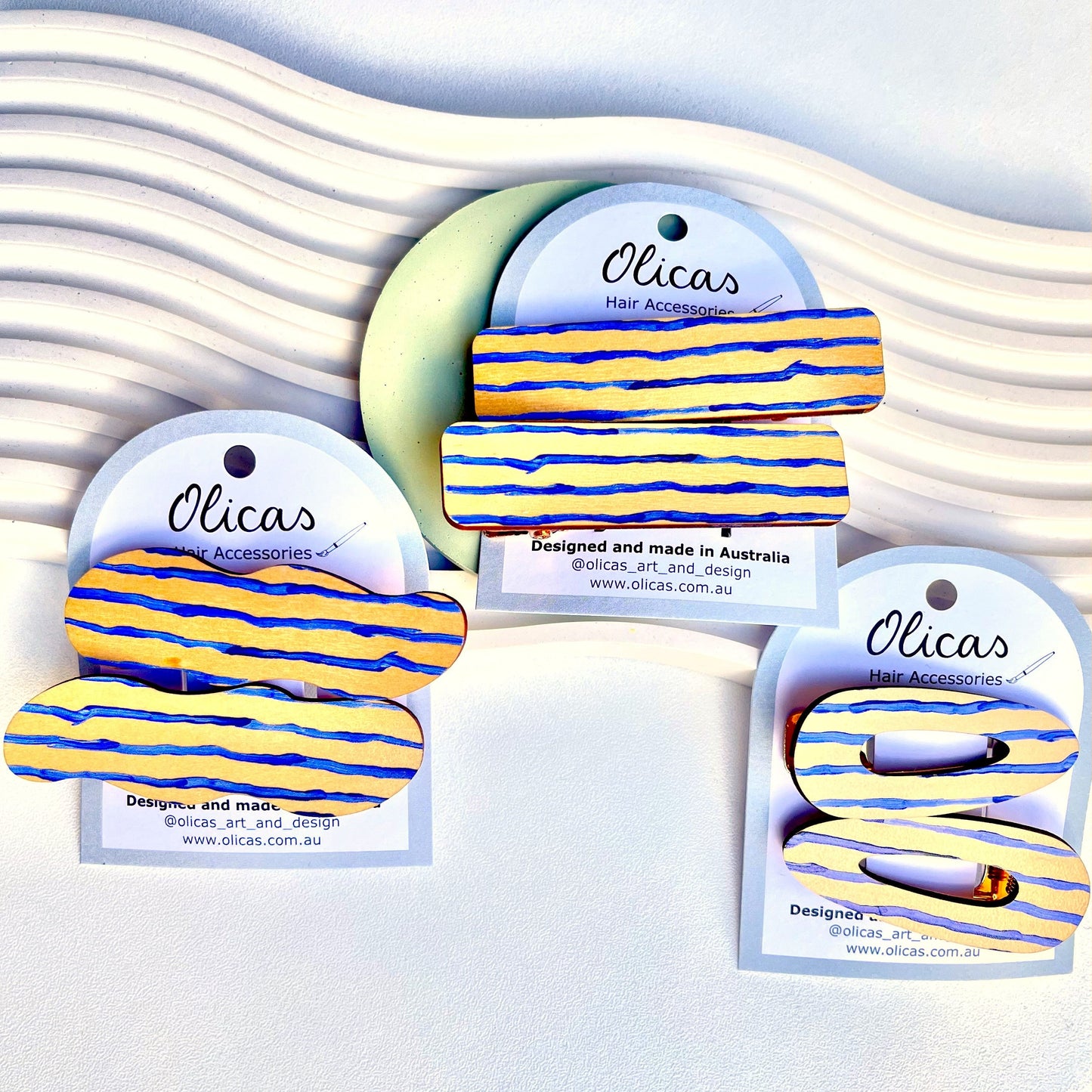 Wooden Hair Clips - Wonky lines in blue