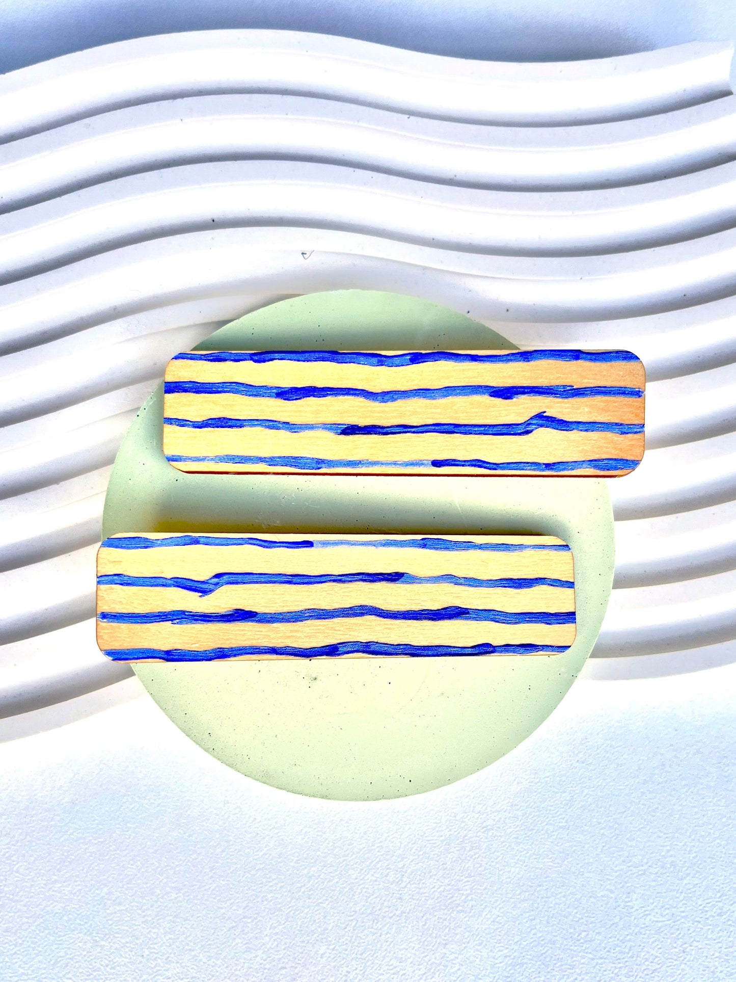 Wooden Hair Clips - Wonky lines in blue