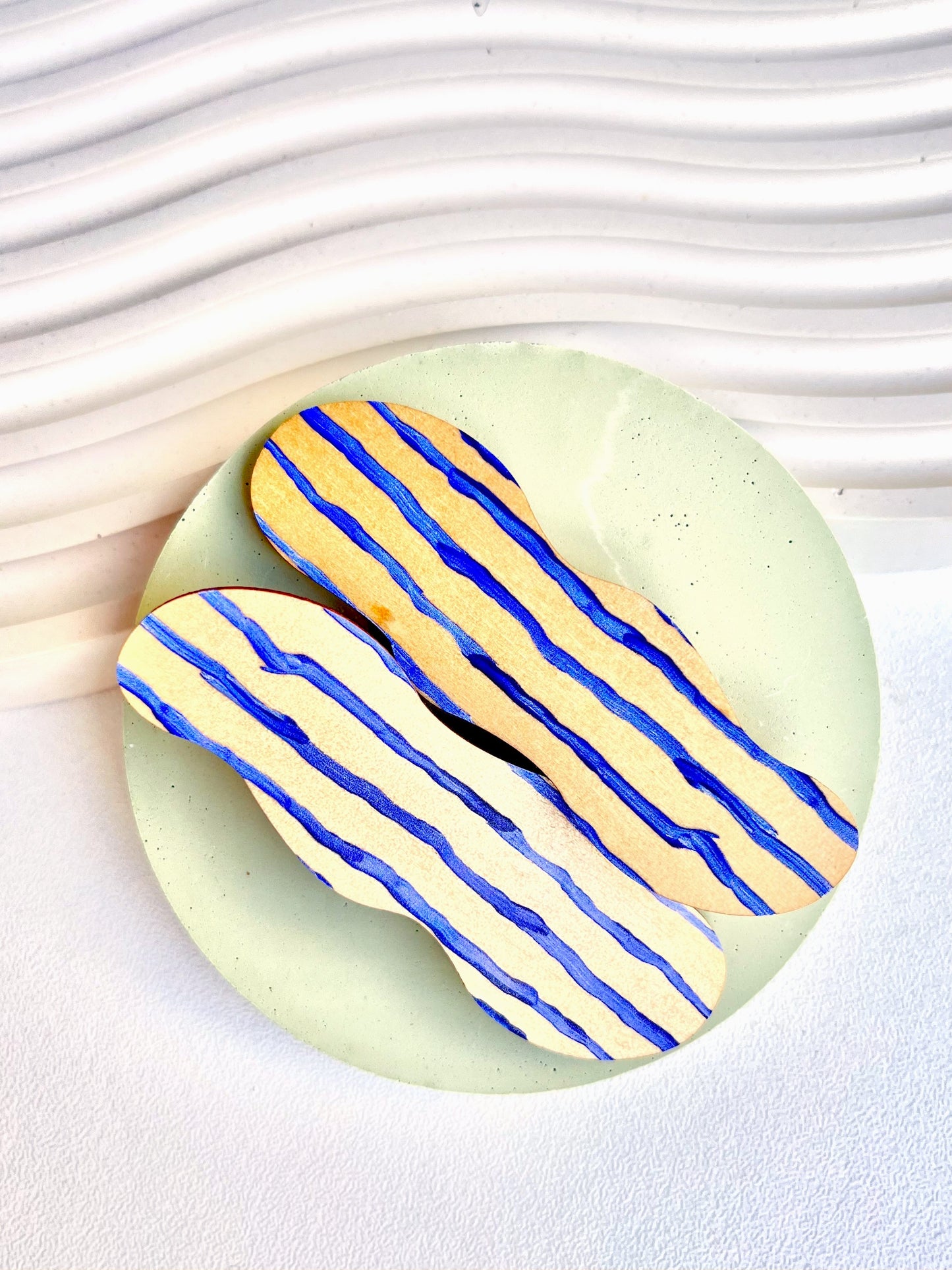 Wooden Hair Clips - Wonky lines in blue