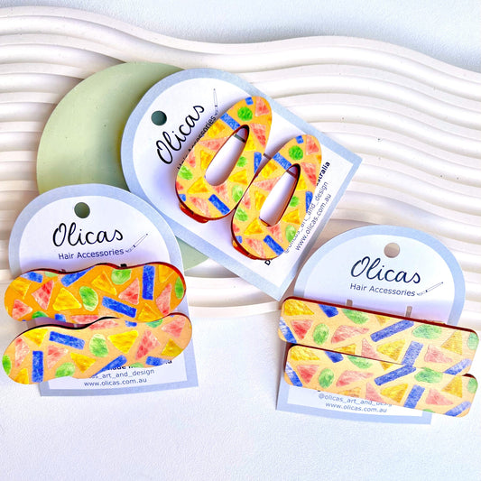 Wooden Hair Clips - in Multicolour terrazo
