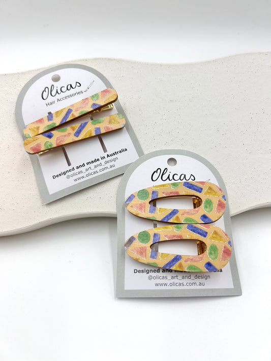 Wooden Hair Clips - in Playground Terrazo