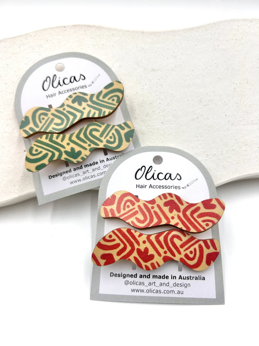 Wooden Hair Clips - in Fun Doodles Pattern